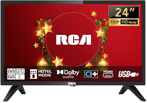 RCA Téléviseur 24 Pouces (60 cm) LED HD Petite Télévision pour Chambre Cuisine avec Triple Tuner (DVB-T/T2-C-S/S2), HDMI, VGA, Lecteur Multimédia USB, CI+, Modèle Hôtel, 220 Volts