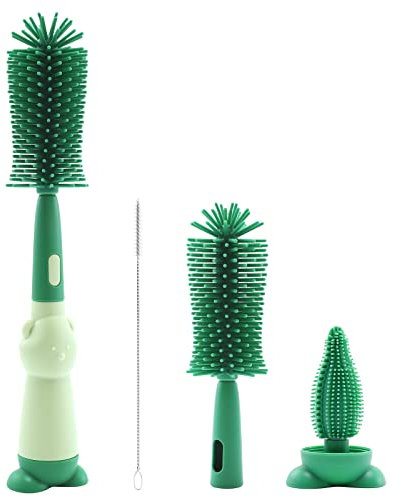 Clundoo Baby Flaschenbürste Set, Drei-in-Eins-Set, BPA-frei, Geeignet für Nippel und Flaschen, Mit Weicher Bürste, Nippelbürsten-Strohreiniger, Grün