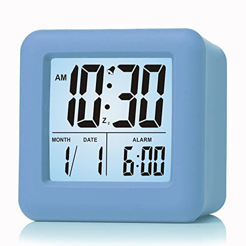 Plumeet Digital Travel Alarm Clock, Easy to Set with Snooze Mode, Soft Night Light, Large Time, Month, Date and Alarm Display, Rising Sound Alarm, Handheld Size (Light Blue)