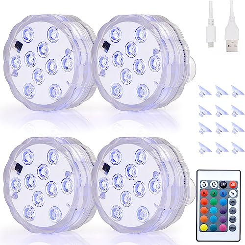 REDGO Luci Piscina Sommergibili RGB IP68 Impermeabili con Telecomando, USB Ricaricabile, 4 Pezzi
