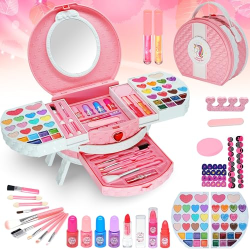 Barnsmink set flicka sminkväska flickor - 66st säker och tvättbar smink barn flickor, äkta sminkset flickor, leksak flickor, prinsessa, presenter för flickor 3 4 5 6 7 8 9 10 11 12 år (rosa)