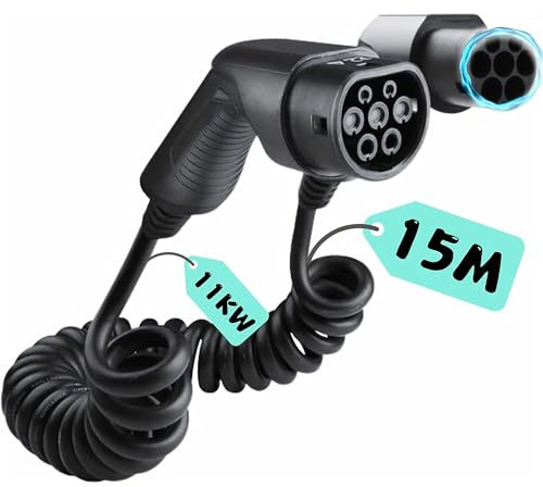 LDY Loady Câble de Charge spiralé Type 2 – 11 KW – 15 m – pour Voiture électrique EV/PHEV – câble Extensible Type 2
