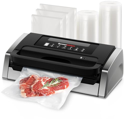 Bonsenkitchen Envasadora al Vacío, Potente y Silencioso, Tecnología Globefish para Trabajo Continuo, Diseño con Mango Bloqueado, Cortador Integrado, Schwarz