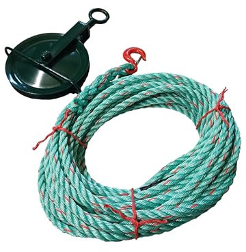 Gin Wheel Scaffold Pulley & 18mm Polysteel Gin Wheel Rope With Safety Hook - Scaffolding - Roofing - Scaffoling Rope (30 Metres)
