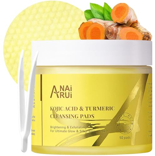 ANAiRUi Tampons Nettoyants Exfoliants au Acide Kojique de Curcuma, avec Niacinamide, Acide Salicylique, Traitement Facial Nettoyant en Profondeur, Réduction, Contrôle de l'acné et du Sébum, 50 Pièces
