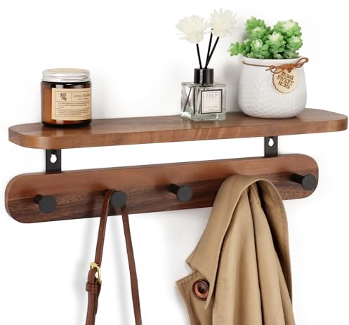 Homiton Coat Rack Wall Mount with Shelf, 17 Walnut Wood Wall Shelf with Hooks, Entryway Floating Shelves with 5 Metal Hangers for Coats, Backpacks, Living Room, Bedroom, Bathroom