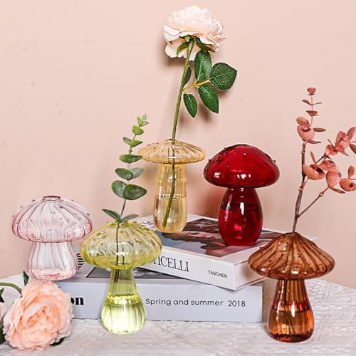 Oenothera 5 Piezas Florero Champiñón, Jarrones de Vidrio con Forma de Hongo, Floreros De Cristal De Colores Elegantes para Decoración De Mesa