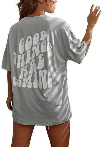 Tshirt Damen Kurzarm Sport Sommer T-Shirt Oversize mit Buchstaben Muster Oberteile Lose Rundhals Rückendruck Bluse Teenager Mädchen Tunika Lang Top,Grau,S
