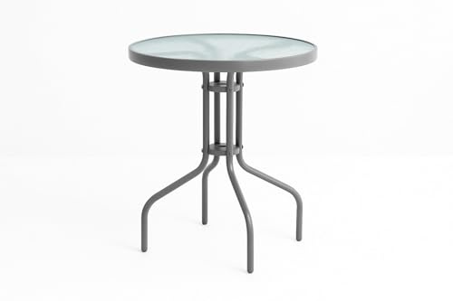 HERSIG - Mesa de Jardin Redonda de Acero y Vidrio Templado - Mesa Exterior Color Gris 60x70 CM - Mesas de Terraza y Jardín Redondas Resistentes - Mesas para Verano Exterior con Cristal Texturizado