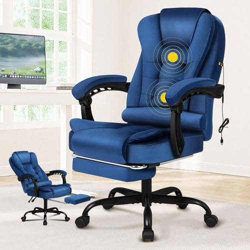 ALFORDSON Chefstol Kontorsstol Massage Skrivbordsstol 150°-lutning, Datorvridningsstol, ergonomisk vridningsstol Utdragbar fotstöd, höjdjusterbar, belastningsbar 180 kg, WildPU-läder, Blå