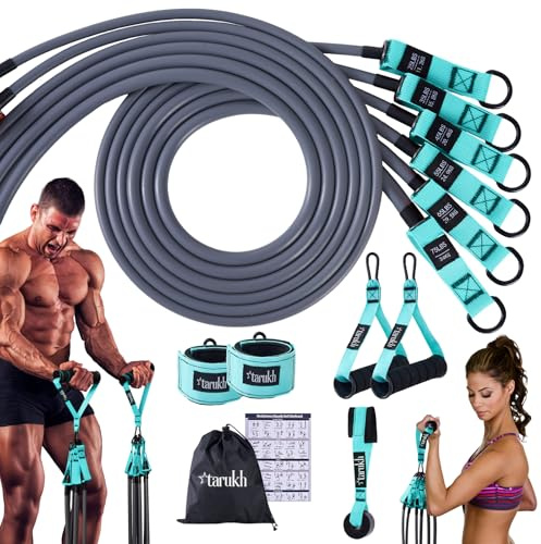 Resistance Bands Set 300lbs with Handles, Door Anchor, Ankle Straps & Carry Bag, Home Gym Bands, 6 Level Exercise Bands, Fitness Bands for Men & Women, Pull Up Bands for Strength Training (CYAN)