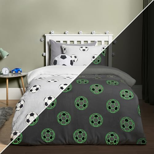 OHS Kids Double Duvet Set, Ultra Soft Warm Football Glow In The Dark Girls Boys Double Duvet Cover Set Luxurious Comfy Quilt Kids Bedding with Pillowcases, Grey