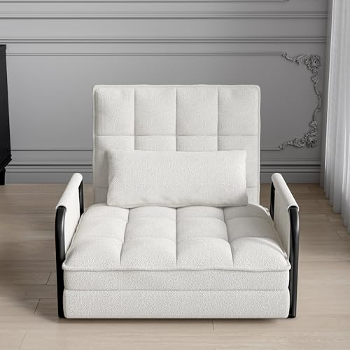 Sofá cama Convertible de 1 plaza Sillón convertible cama con respaldo reclinable ajustable de 5 posiciones y 1 cojines lumbares sillón con bolsa de almacenamiento para salón (beige, 180 x 82 x 15 cm)