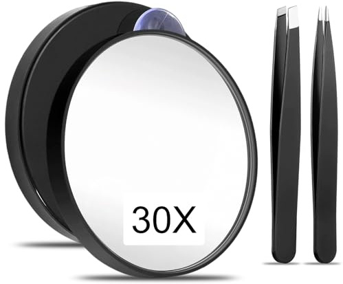 xiluuyou 30X Magnifying Mirror with Suction Cups and 2 Tweezers, 3.4 inch Compact Travel Mirror, Perfect for Eyebrow Plucking and Daily Skincare, Black
