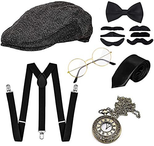 GOLDGE 1920s Herren Accessoires Set Mafia Gatsby Gatsby Kostüm Set mit Panama Gangster Hut Verstellbarem Hosenträger Krawatte Fliege Retro Taschenuhr Brille Bart (7PCS)