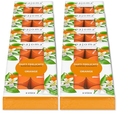 pajoma® Teelichte 8er Pack, Orange | 64 Duft-Teelichte in Polycarbonathülle, Brenndauer ca. 4 Stunden - Höhe 1,5 cm ø 3,5 cm | Premium Qualität | Deko, Gastronomie, Outdoor, Windgläser, Hochzeit