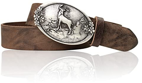 FRONHOFER Trachtengürtel mit Hirsch-Schnalle vor Gebirge, echt Leder, 17004