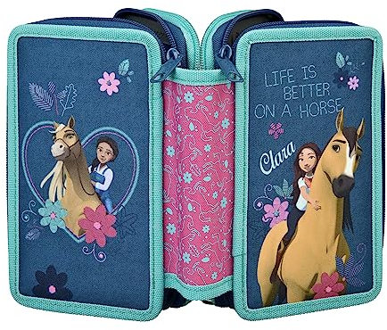 Federmappe mit Namen | Motiv Pferd mit Blumen für Mädchen | Personalisieren & Bedrucken | 3 Fach Federmäppchen Federtasche Triple Decker inklusive Inhalt