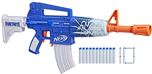Nerf Fortnite Blue Shock Blaster, 10 Dardos Nerf Elite, Incluye un código de bonificación para desbloquear El Beat Wrap en El Juego, Blaster de Dardos motorizado