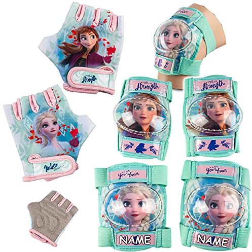 alles-meine.de GmbH 6 TLG. Set - Knieschoner + Ellenbogenschützer + Fahrradhandschuhe - die Eiskönigin - Frozen - inkl. Name - für Circa 4 bis 12 Jahre - Kinder - Schutzausrüstun..