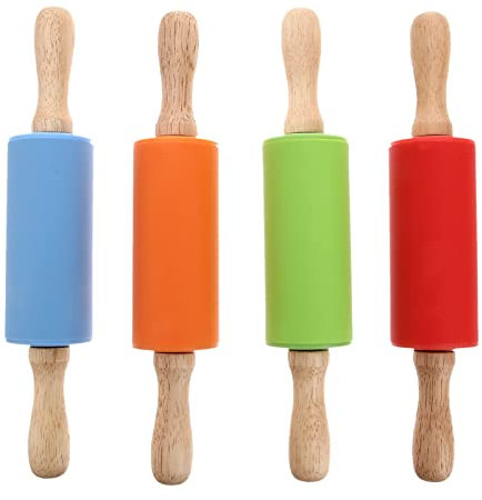 NUOBESTY Kids Toys 9 Inch Mini Rolling Pin, 4Pcs Silicone Rolling Pin Wooden Handle Non-Stick Dough Roller for Kids Children for Home Kitchen Baking Supplies (Red, Green, Orange, Blue)