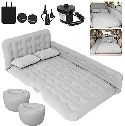 ISWEES Car Bed SUV Air Mattress, Car Air Mattress with Electric Pump, 2 Inflatable Pillows and 2 Footrests for Back Seat, Side Seat,Trunk Sleeping, Thickened Camping Bed - Grey