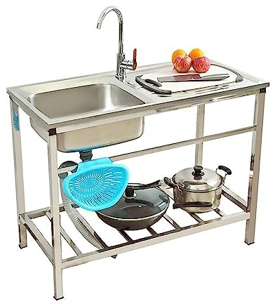 Camping Spüle Mit Wasserhahn,Freistehende Küche Spülbecken Mit Werkbank Und Heiß-Kaltwasserhahn,Edelstahl Multifunktionswaschtisch,Waschbecken Ausgussbecken Mit Ständer,Outdoor Spüle Mit Werkbank ( Si