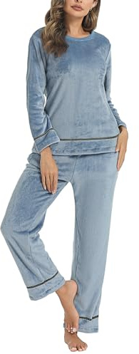 Nieery Pyjamas flanell dam vinter varm Nicki hemmadräkt tvådelad fleece pyjamas-set mysig rund hals tröja och långa byxor, Ljusblå, XXL
