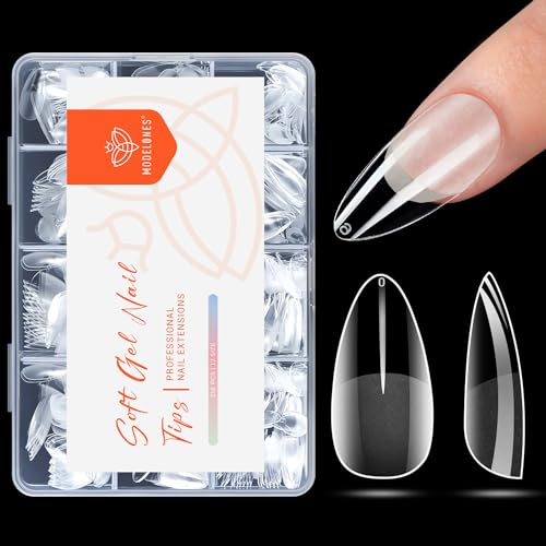 Modelones Faux Ongles, 216Pcs Capsule Americaine Ongles Semi Givré Capsules Amande Moyen Gel Faux Ongles Ongle Pose Americaine, 12 Tailles Couverture Complète