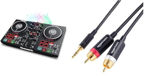 Numark Party Mix II - DJ Controller with Party Lights, DJ Set with 2 Decks & Amazon Basics 3.5mm Aux to 2 RCA Adapter Audio Cable for Stereo Speaker or Subwoofer with Gold-Plated Plugs, 2.4 m