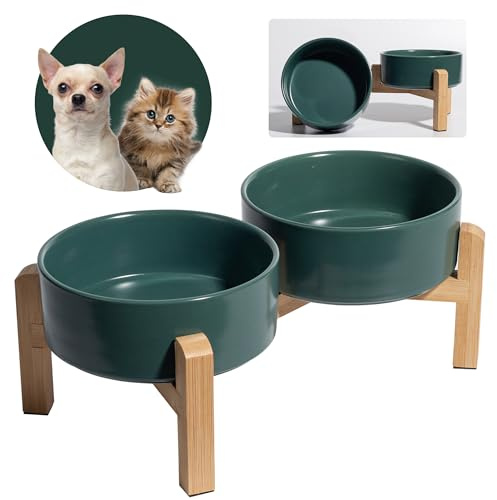 Juego de cuencos elevados de cerámica para perros, cuencos elevados con soporte de bambú antideslizante, platos pequeños para mascotas para alimentos y agua, ideal para gatos y cachorros, 16 onzas, 2