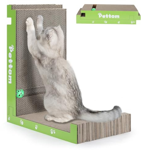 PETTOM Kratzbrett, Kratzbretter Katze L Förmig 43cm, Kratzpappe für Katzen mit Ball, Katzen Kratzbrett mit Vielfältigen Kombination