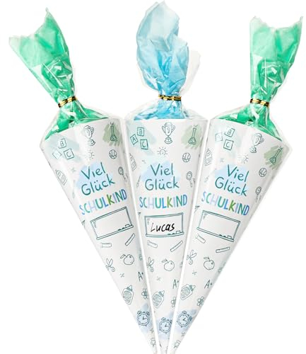 BETESSIN 10 Stück Schultüten Klein 20cm - Geschwisterschultüten Junge Blau - Mini Schultüten zum befüllen - Schultüte Bastelset Jungen - Kleine Zuckertüte zur Einschulung