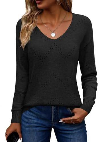 Zeagoo Suéter de Punto para Mujer Manga Larga de Otoño Elegante Cuello en V de Crochet Liso Moda Tejido Negro S