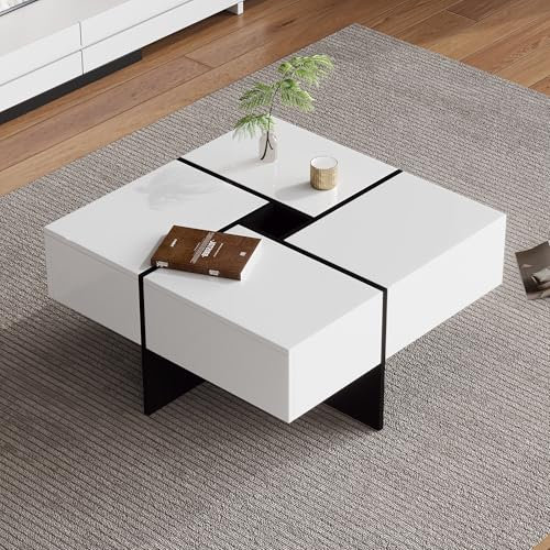 BTM Table Basse Salon, avec Tiroirs, Rangement au Milieu, Moderne Coffee Table Carrée, 70x70x35cm, Blanc Brillant