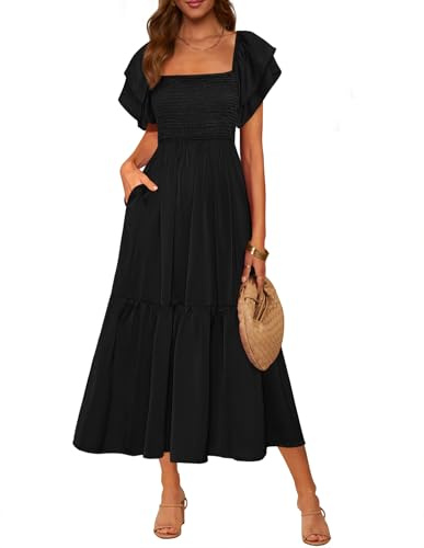 MASCOMODA Womens Summer Casual Midi Dress Square Neck Ruffle Short Sleeve Smocked High Waist A Line Wedding Guest Dresses(Black,Small)