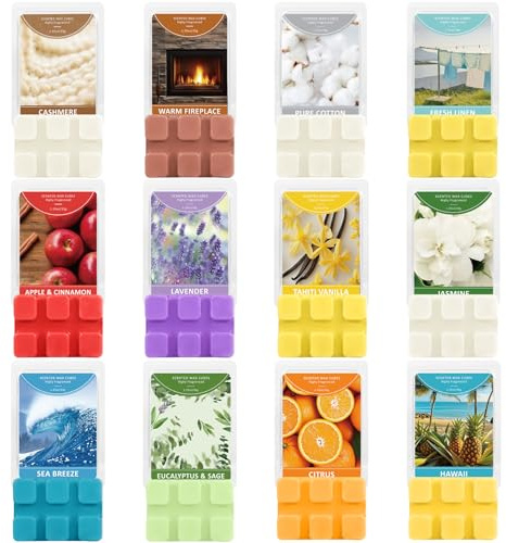 SCENTORINI Doftvax för smältning, aromvaxkuber, 12 aromer, 35 g naturligt sojavax block med eteriska oljor, doftande vaxkuber för hem, badrum, amb | Gåva doftvaxkuber, för ljus värmare, bomull, linne, citrus, äppelkanel, kashmir, tahiti-vanilj