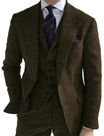 QXWD Traje de Negocios 3 Piezas para Hombre, de Lana Verde, con Estampado Retro de Espiga, para Novio, Esmoquin de Tweed para Boda (Chaqueta, pantalón y Chaleco)