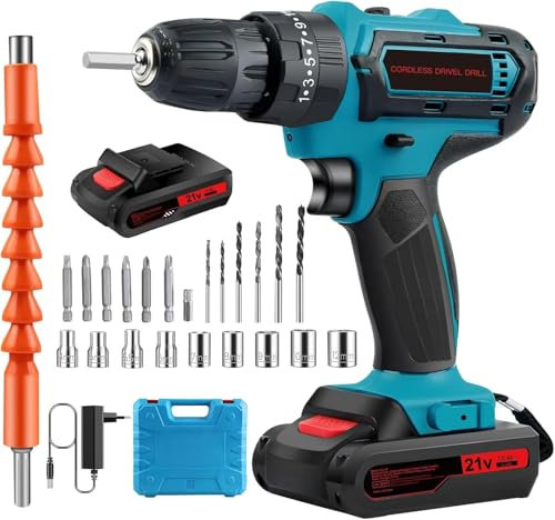 Taladro Percutor a Bateria 21V, Atornillador Electrico Taladro Atornillador Bateria Taladro Percutor Electrico, 23 Accesorios, 2 Velocidad (azul)