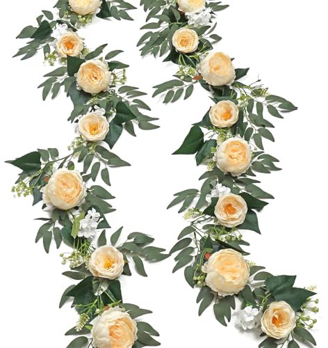 SOMYTING 2pcs (6.56FT/Pcs) Artificial Eucalyptus Flower Garland with Fake Rose Flower Vine Seeded Eucalyptus Leaves Greenery Garland for Wedding Table Backdrop Party Centerpiece Room Decor (Champagne)