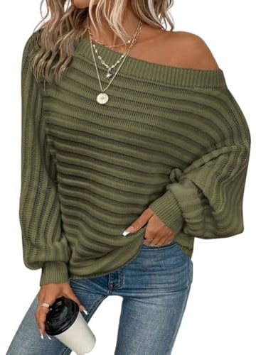 shownicer Pull Femme Chic et Elegant Épaules Dénudées Manches Longues Tricoté Pullover Automne Hiver Chandail A Armée Verte XL