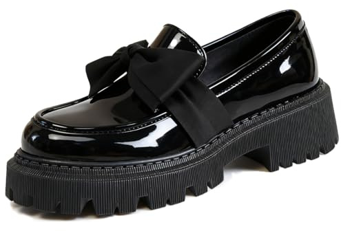 Bow Loafers for Women's Patent Leather Chunky Heel Dress Shoes Elegant Round Toe Platform Non-Slip Lug Sole Casual Work School Shoes for Business Office Everyday Wear (Glossy Black,9)