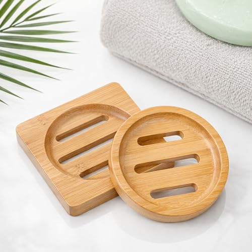 2 jaboneros de bambú para ducha, soporte para vaporizador, bandeja de jabón de madera, plato de jabón de madera para ducha, hogar, baño (redondo y cuadrado)