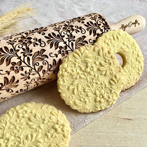 Algis Crafts - FLORAL WREATH Embossed Rolling Pin for Baking Accessories with Laser Engraved Design - Beautifully Handmade Pattern Rolling Pin - Decorative Dough Roller to Make Unique Bakes