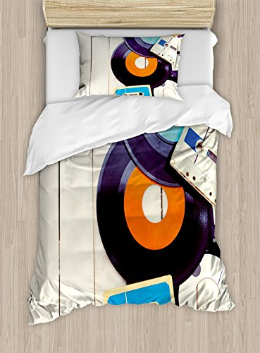 Ambesonne Indie Duvet Cover Set, Gramophone Records and Old Audio Cassettes on Wooden Table Nostalgia Music, Decorative 2 Piece Bedding Set with 1 Pillow Sham, Twin Size, Blue Orange Black