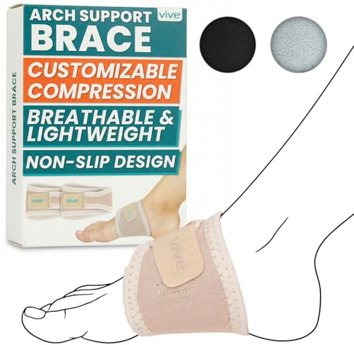 Vive Foot Arch Support Brace (Pair) - Wrap Corrector for Flat Feet, Plantar Fasciitis, Pain Relief - Compression Sleeve Strap, Gel Bands Inserts for Women & Men (Beige)