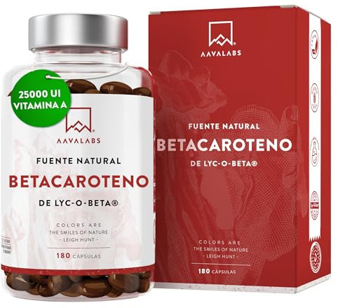 Betacaroteno [ 25 000 ui ] Vitamina A - 180 Cápsulas con Patentado Lyc-O-Beta - Con Aceite de Oliva Extra Virgen - Apoyo Natural Para el Bronceado, Ojos, Piel y Sistema Inmunológico