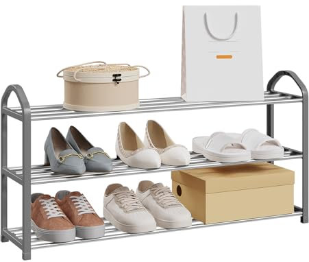 eSituro Shoe Rack 3 Tier Metall, Rostbeständig, Platzsparend mit Tragegriff,Schuhständer für Flur,Kleiderschrank,Eingangsbereich,Schlafzimmer,79x42,5x18,5cm, Grau