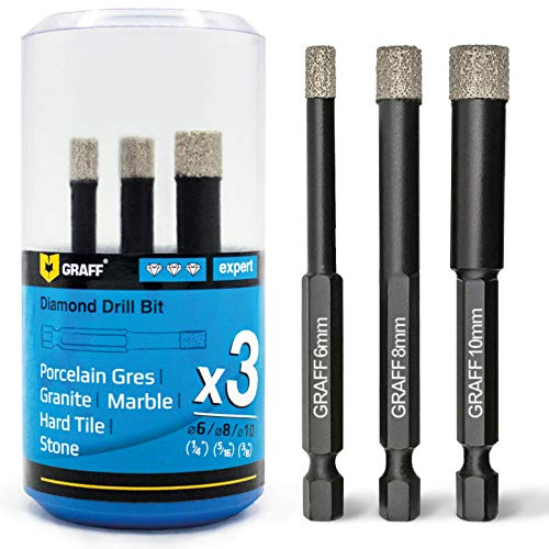 3 pezzi Punte diamantate Gres Porcellanato Set GRAFF – Punte Trapano Professionali per Piastrelle, Mattonelle, Granito, Ceramica, Pietra – Trapano con codolo esagonale – 6mm/8mm/10mm