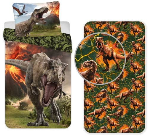 L.T.Preferita Dinosauri Jurassic Vulcano 3pezzi Set Letto Singolo Copripiumino 140x200 cm + Federa + Lenzuola con Angoli